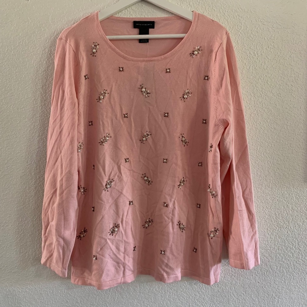 Investments Pink Embellished Pearl Rhinestone Scoop Neck Sweater XL